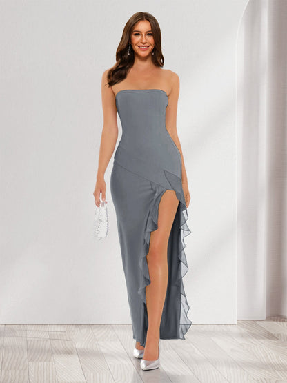 Sheath/Column Strapless Ruffle Slit Maxi Dresses Long Bridesmaid Dresses