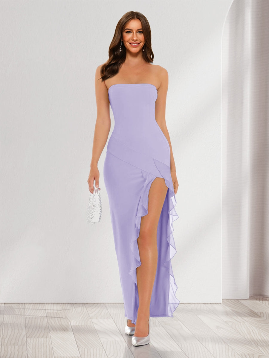 Sheath/Column Strapless Ruffle Slit Maxi Dresses Long Bridesmaid Dresses