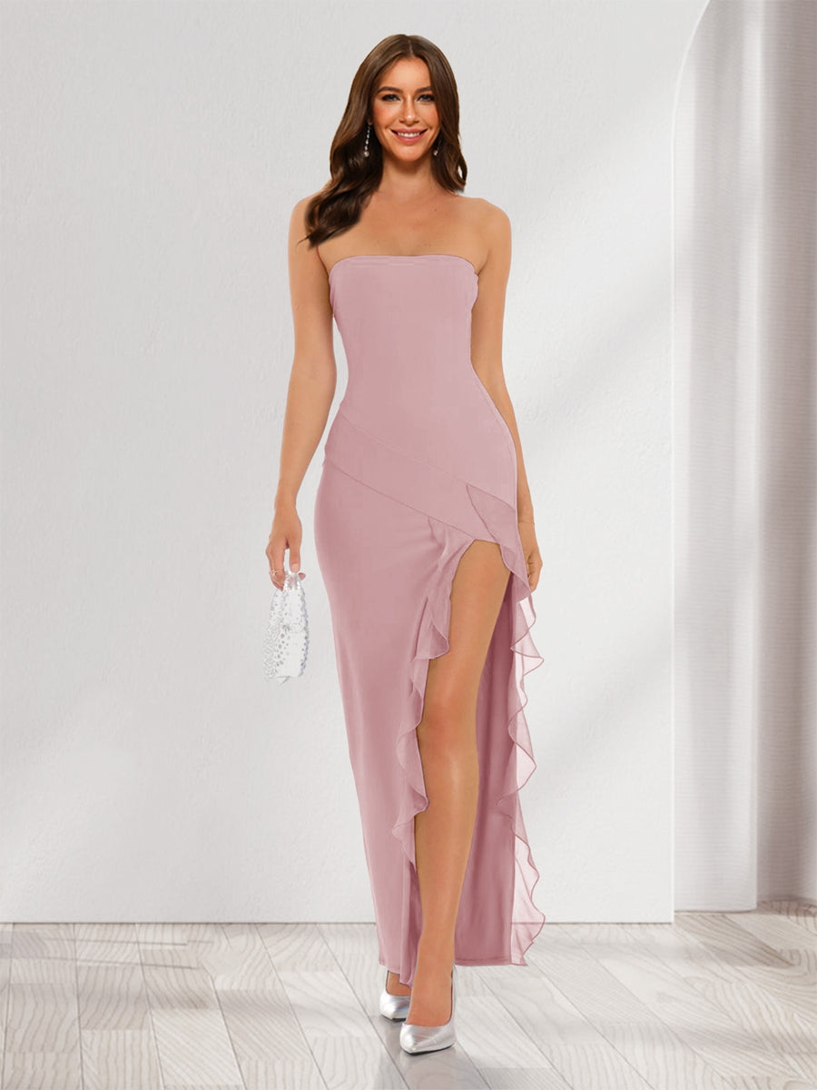 Sheath/Column Strapless Ruffle Slit Maxi Dresses Long Bridesmaid Dresses