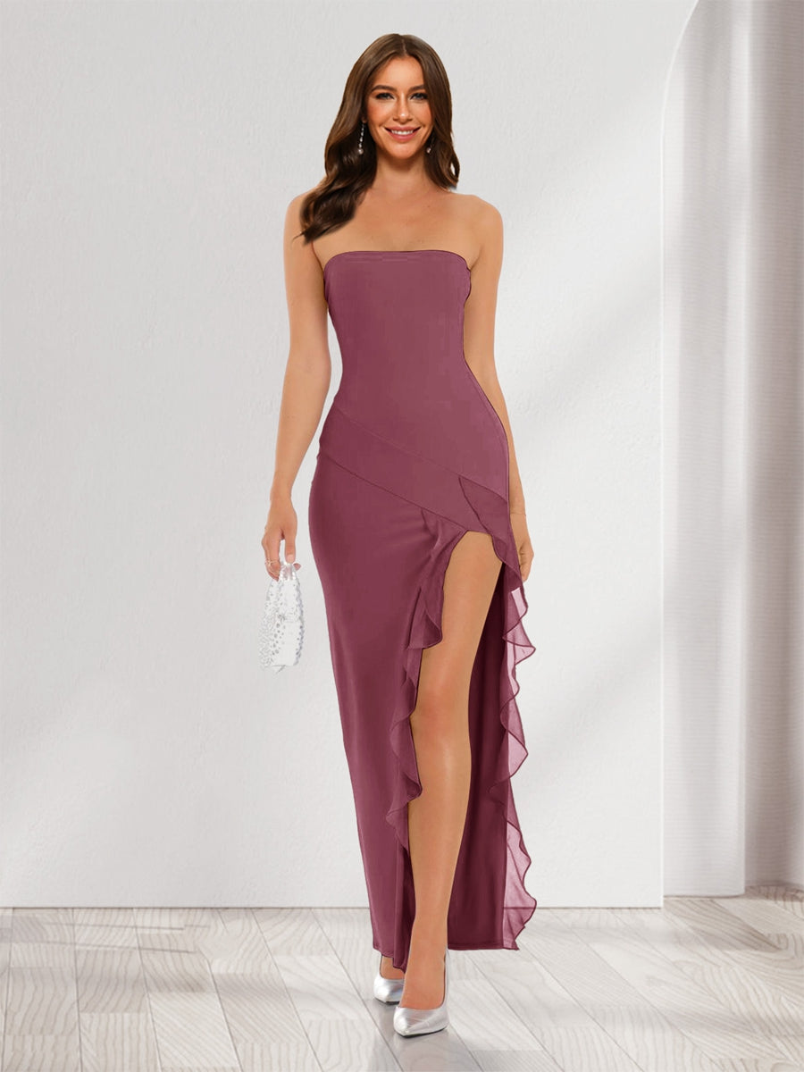 Sheath/Column Strapless Ruffle Slit Maxi Dresses Long Bridesmaid Dresses
