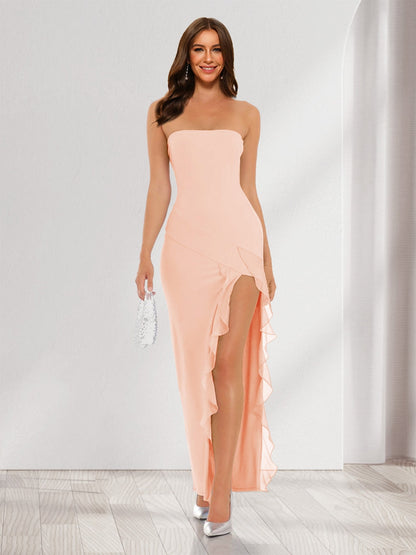 Sheath/Column Strapless Ruffle Slit Maxi Dresses Long Bridesmaid Dresses