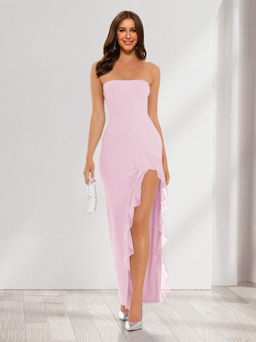 Sheath/Column Strapless Ruffle Slit Maxi Dresses Long Bridesmaid Dresses