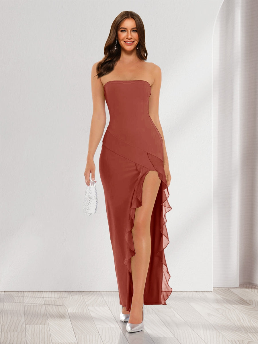 Sheath/Column Strapless Ruffle Slit Maxi Dresses Long Bridesmaid Dresses