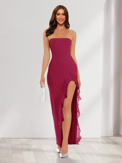 Sheath/Column Strapless Ruffle Slit Maxi Dresses Long Bridesmaid Dresses