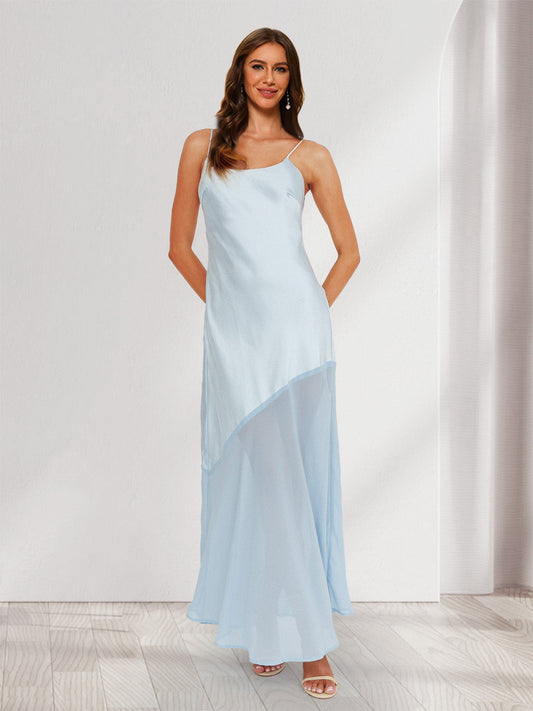 Sheath/Column Spaghetti Straps Fitted Maxi Dresses Long Bridesmaid Dresses with Chiffon Hem