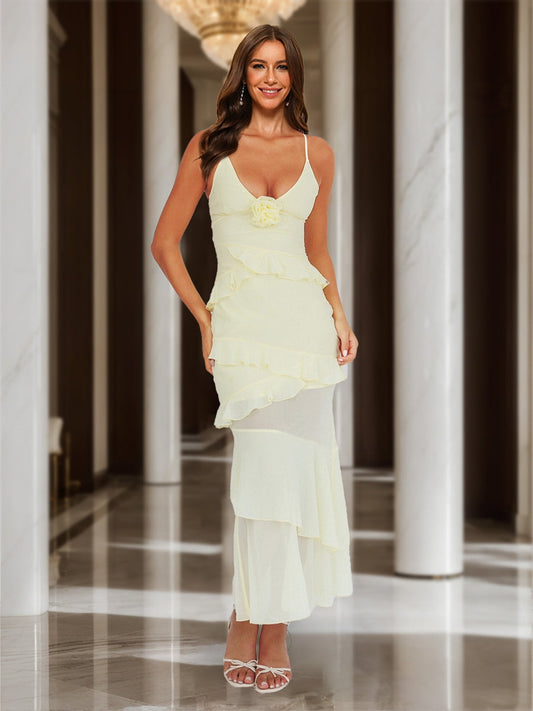 Sheath/Column Straps V-Neck Rosette Maxi Dress Long Prom Dresses with Ruffles