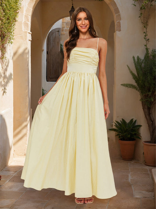 A-Line/Princess Straps Pleated Bow Back Maxi Dresses Long Prom Dresses