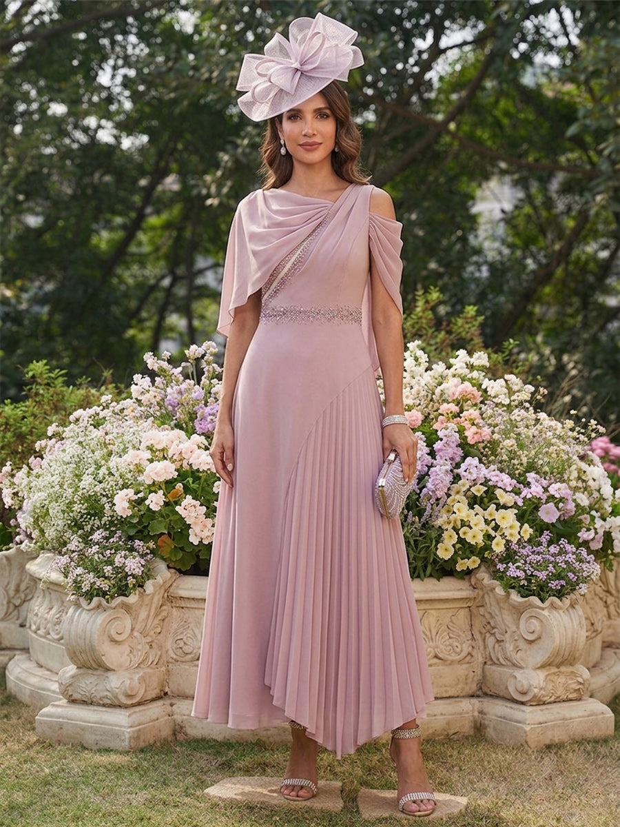 A-Line/Princess Asymmetrical Shoulder Beaded Mother of the Bride Dresses with Cape