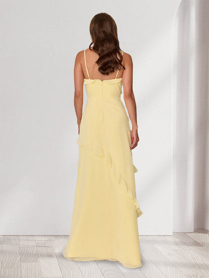 Sheath/Column Spaghetti Straps Sleeveless Long Bridesmaid Dresses with Ruffles & Split Side
