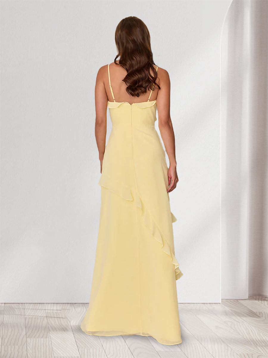 Sheath/Column Spaghetti Straps Sleeveless Long Bridesmaid Dresses with Ruffles & Split Side