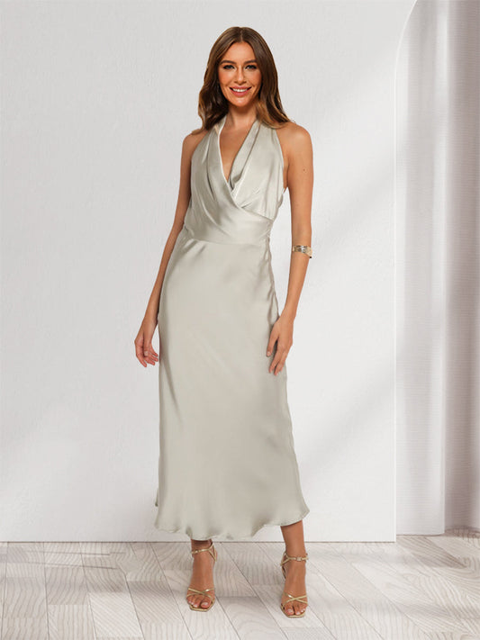 Sheath/Column Halter Cowl Neck Midi Dress Bridesmaid Dresses with Opened Back