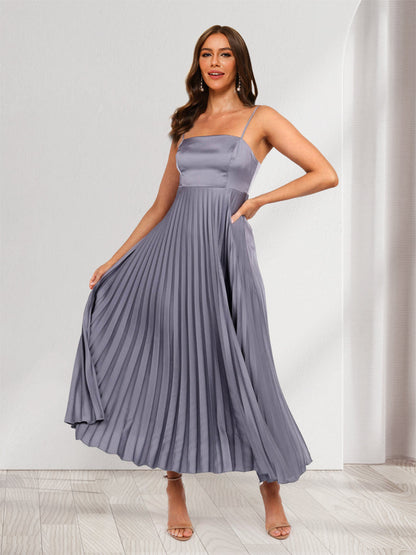 A-Line/Princess Spaghetti Straps Tea-Length Pleated Bridesmaid Dresses