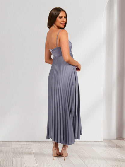 A-Line/Princess Spaghetti Straps Tea-Length Pleated Bridesmaid Dresses