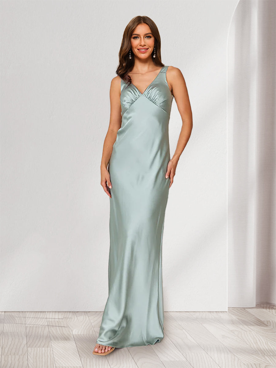 Sheath/Column V-Neck Floor-Length Long Ruched Bridesmaid Dresses