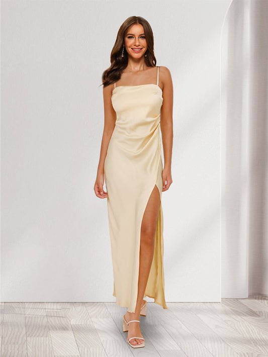 Sheath/Column Spaghetti Straps Ruched Sexy Bridesmaid Dresses with Side Slit