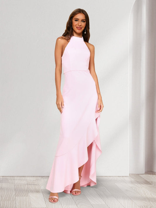 Sheath/Column Halter Sleeveless Sexy Asymmetrical Bridesmaid Dresses with Ruffles