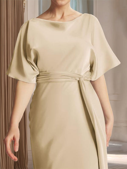 Sheath/Column Boat Neck Short Sleeves Mother of the Bride Dresses with Sash
