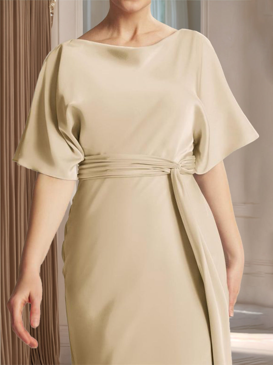 Sheath/Column Boat Neck Short Sleeves Mother of the Bride Dresses with Sash