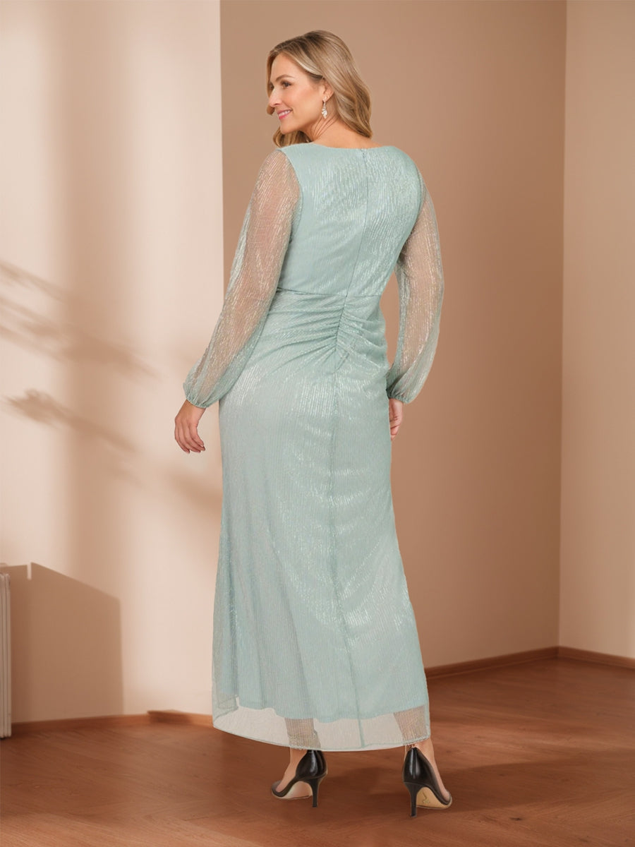 Sheath/Column V-Neck Crinkle Metallic Plus Size Mother of the Bride Dresses with Illusion Sleeves