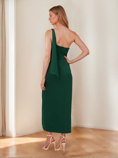 Sheath/Column One-Shoulder Ankle-Length Pleated Formal Dresses with Split Side