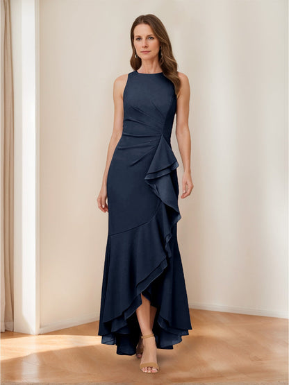 Trumpet/Mermaid Crew Neck High Low Ruched Mother of the Bride Dresses with Ruffles