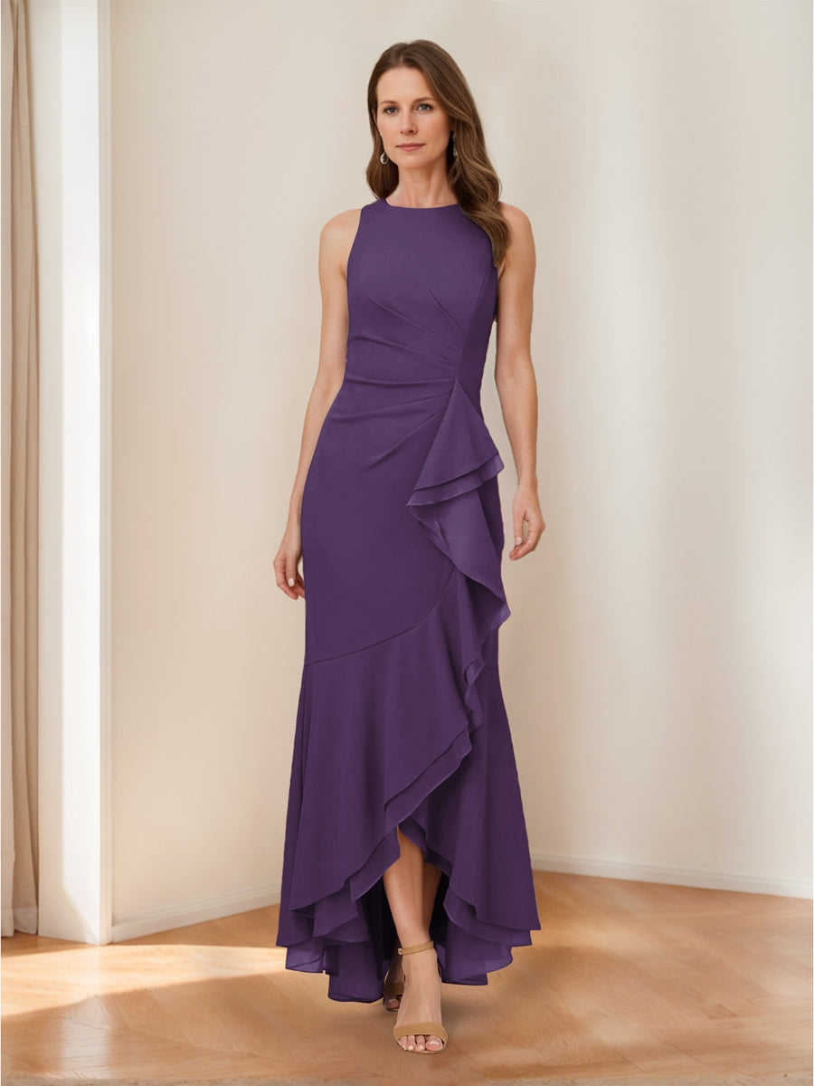 Trumpet/Mermaid Crew Neck High Low Ruched Mother of the Bride Dresses with Ruffles