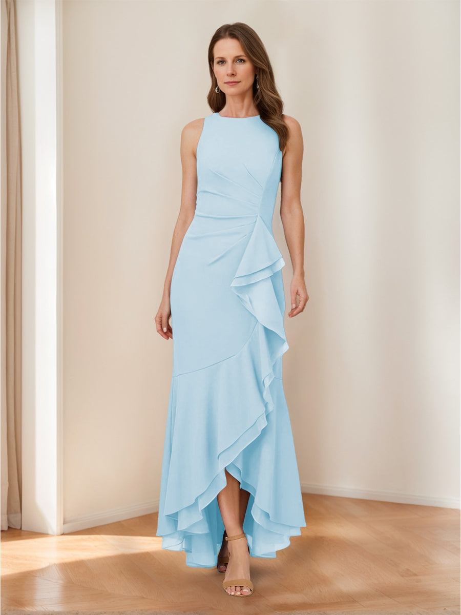 Trumpet/Mermaid Crew Neck High Low Ruched Mother of the Bride Dresses with Ruffles