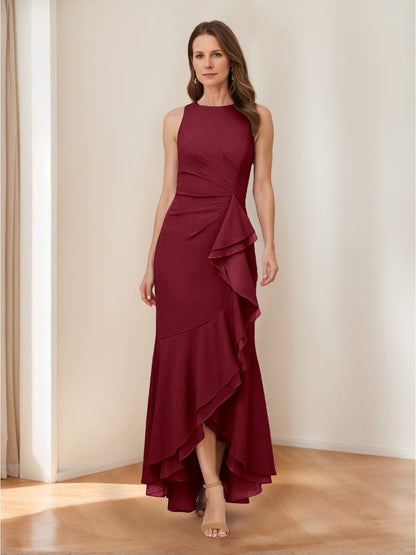 Trumpet/Mermaid Crew Neck High Low Ruched Mother of the Bride Dresses with Ruffles