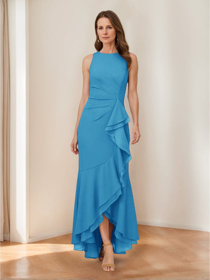 Trumpet/Mermaid Crew Neck High Low Ruched Mother of the Bride Dresses with Ruffles