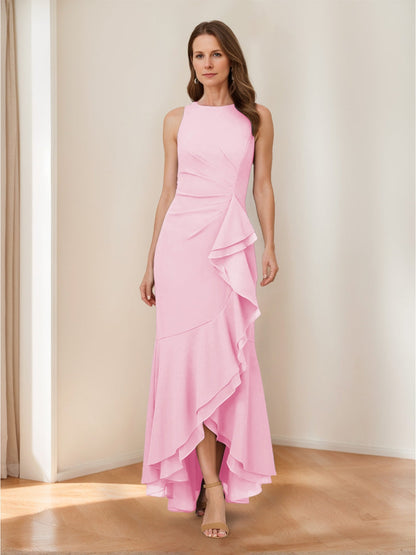 Trumpet/Mermaid Crew Neck High Low Ruched Mother of the Bride Dresses with Ruffles