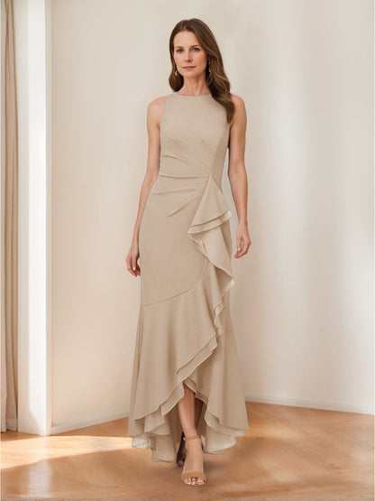 Trumpet/Mermaid Crew Neck High Low Ruched Mother of the Bride Dresses with Ruffles