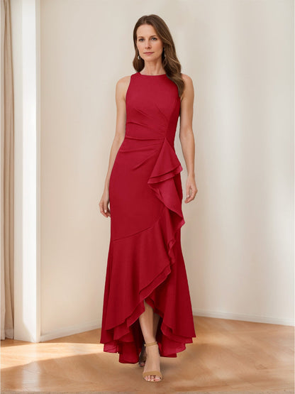 Trumpet/Mermaid Crew Neck High Low Ruched Mother of the Bride Dresses with Ruffles