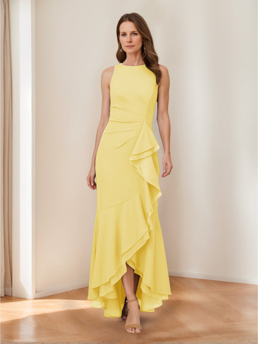 Trumpet/Mermaid Crew Neck High Low Ruched Mother of the Bride Dresses with Ruffles