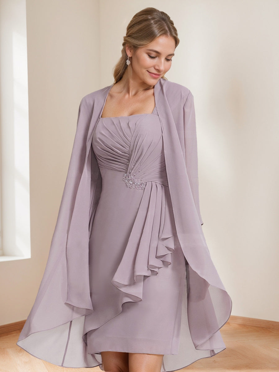 Sheath/Column Square Neck Ruched 2 Pieces Mother of the Bride Dresses with Jacket