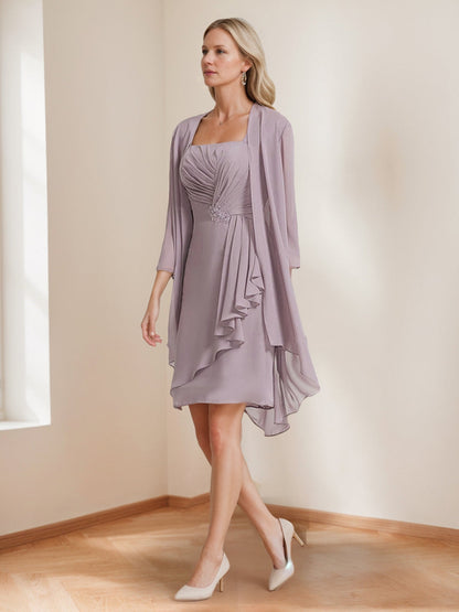 Sheath/Column Square Neck Ruched 2 Pieces Mother of the Bride Dresses with Jacket