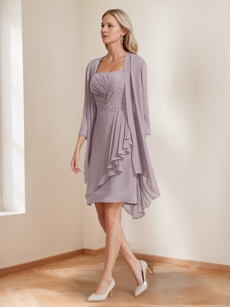 Sheath/Column Square Neck Ruched 2 Pieces Mother of the Bride Dresses with Jacket