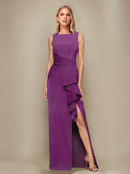 Sheath/Column Scoop Neck Ruffled Long Mother of the Bride Dresses with Split Side