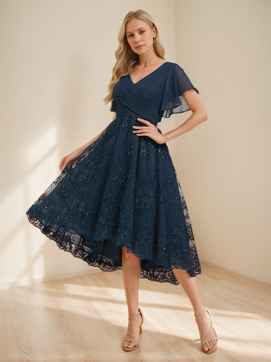 A-Line/Princess V-Neck Flutter Sleeves Asymmetrical Mother of the Bride Dresses with Appliques