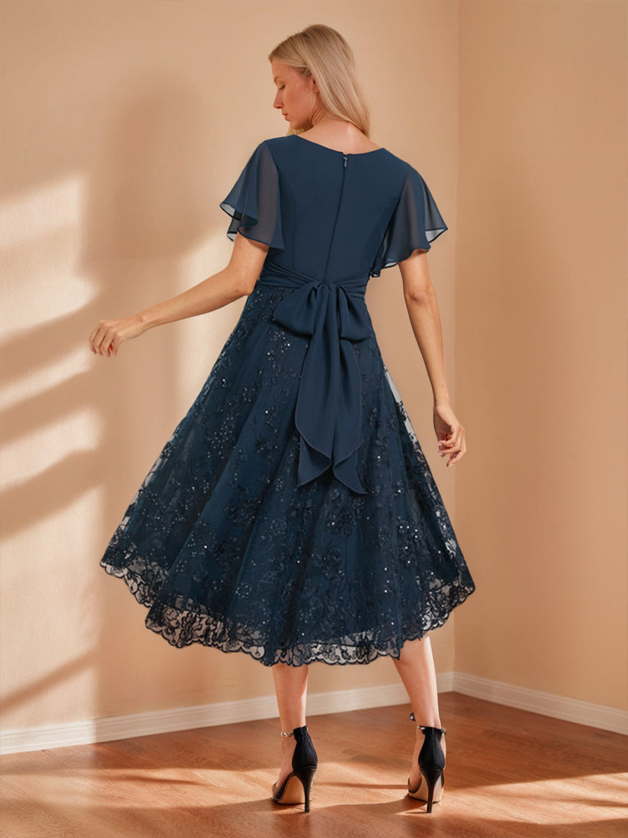 A-Line/Princess V-Neck Flutter Sleeves Asymmetrical Mother of the Bride Dresses with Appliques