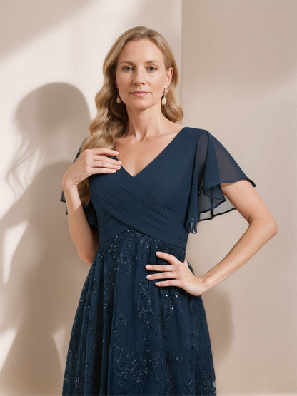 A-Line/Princess V-Neck Flutter Sleeves Asymmetrical Mother of the Bride Dresses with Appliques