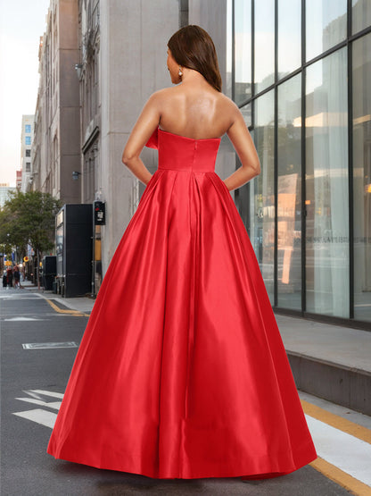 A-Line/Princess Strapless Asymmetrical Slit Long Prom Dresses with Bow