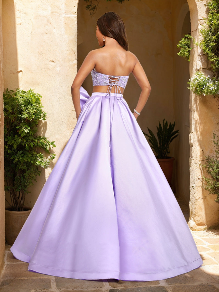 A-Line/Princess Sweetheart Beaded Two Piece Prom Dresses with Bow & Slit
