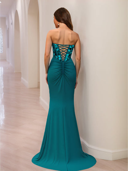 Trumpet/Mermaid Sweetheart Beading Sequins Long Prom Dresses with Split Side