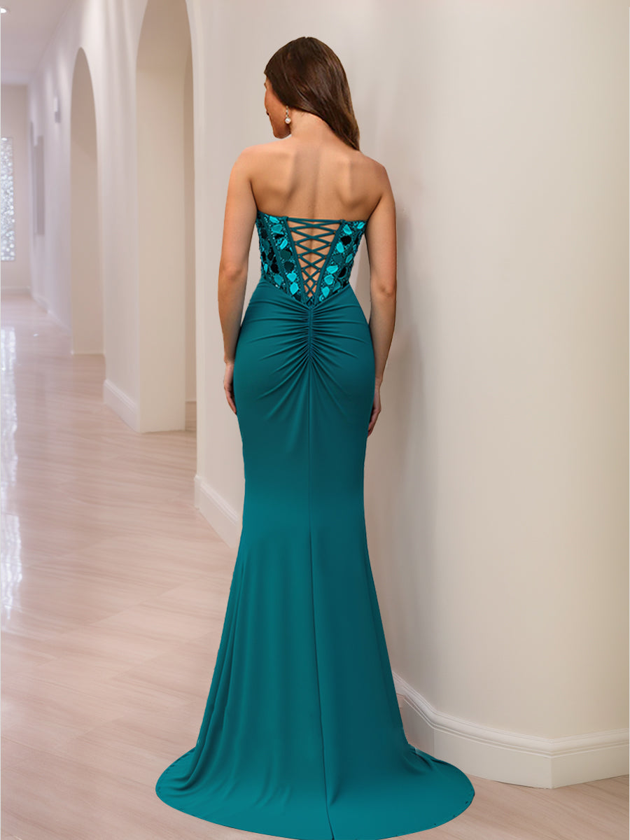 Trumpet/Mermaid Sweetheart Beading Sequins Long Prom Dresses with Split Side