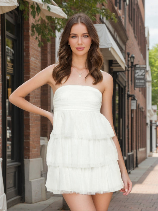 A-Line/Princess Strapless Layered Ruffle Tulle Mini Dresses Short Cocktail Dresses