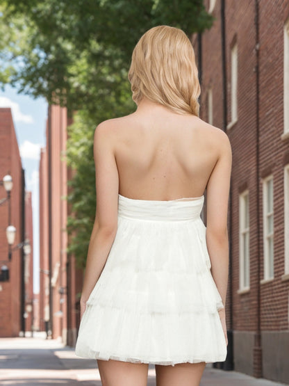 A-Line/Princess Strapless Layered Ruffle Tulle Mini Dresses Short Cocktail Dresses