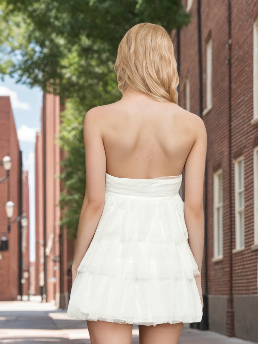 A-Line/Princess Strapless Layered Ruffle Tulle Mini Dresses Short Cocktail Dresses