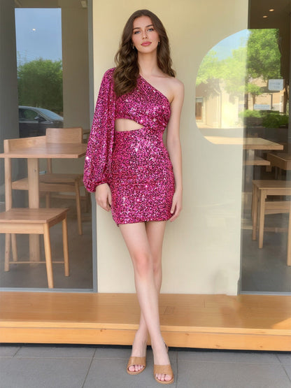 Sheath/Column One-Shoulder Short Cocktail Dresses with Sequins & Cut Out
