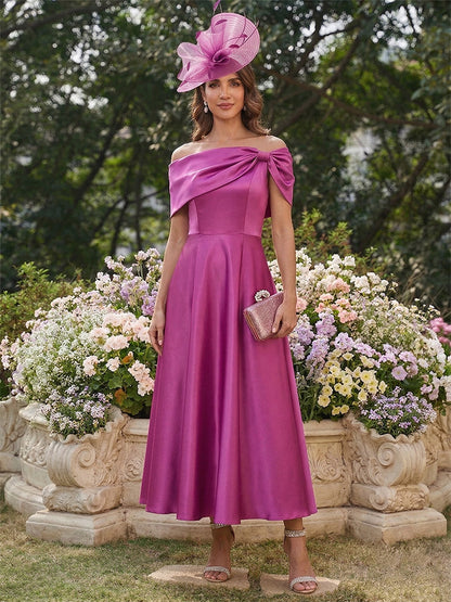 A-Line/Princess Off-the-Shoulder Short Sleeves Tea-Length Mother of the Bride Dresses
