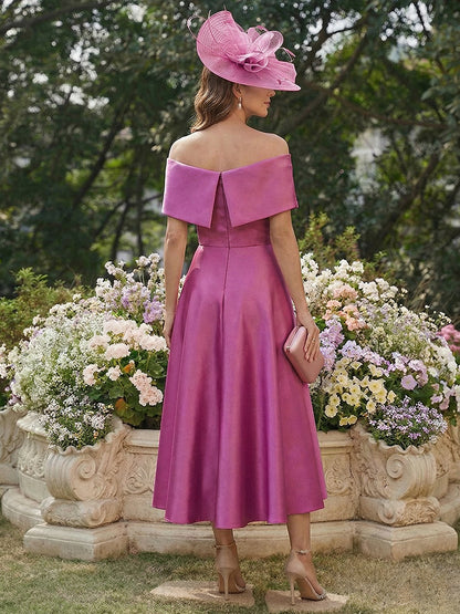 A-Line/Princess Off-the-Shoulder Short Sleeves Tea-Length Mother of the Bride Dresses